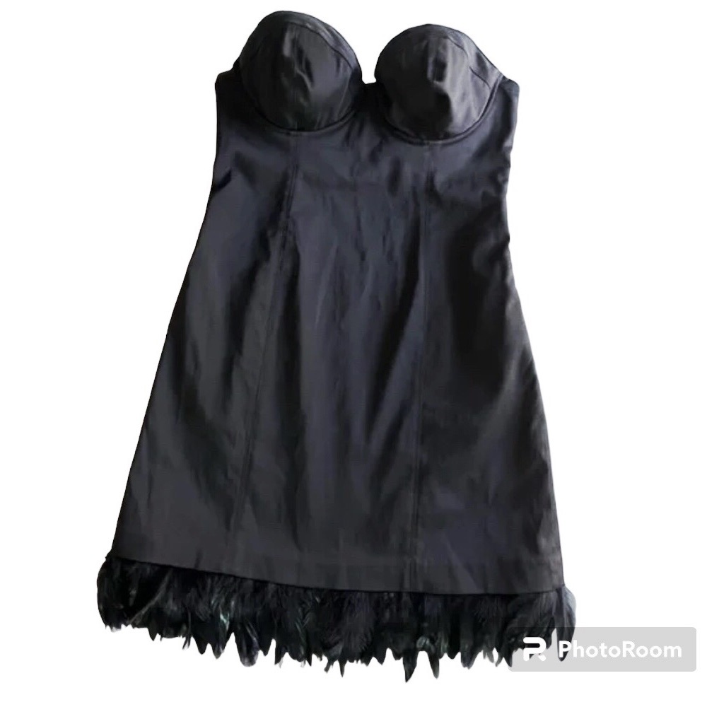 Guess Black laceup back corset/ bustier mini dress black feather trim hem sz 7